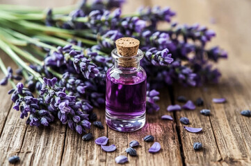 A clear glass vial with a cork stopper containing vibrant purple lavender oil is arranged with a bundle of fresh lavender flowers and scattered petals on weathered wood