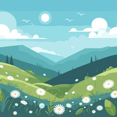 Fototapeta premium Serene landscape with rolling hills, daisies, and a bright blue sky filled with clouds