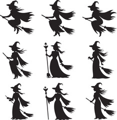 Set of flying witch with brooms silhouette vector illustration. Halloween witch set. Witch silhouette vector