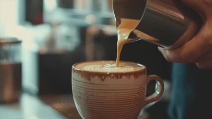 Steamed milk creating latte art in a coffee cup - Powered by Adobe