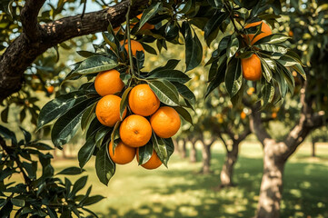 A cluster of bright ripe oranges dangles from a leafy branch The sun illuminates the fruit and foliage creating a warm glow against a backdrop of an orchard