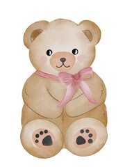 Watercolor Sitting Teddy Bear with Bow