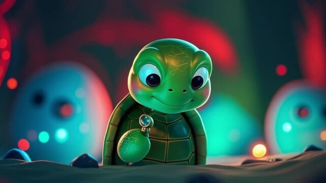 Alien frog character on a green alien planet floating in space with a UFO and stars in a cute cartoon style illustration 4K video