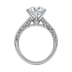 Elegant diamond engagement ring with intricate band design, isolated on white background