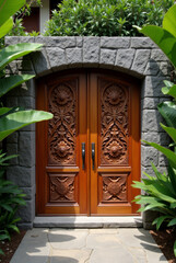 Carved Teak Garage Gate on a Luxury Balinese Retreat