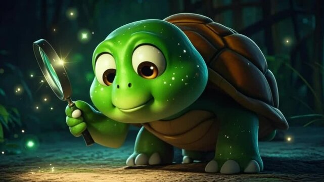 Alien frog character on a green alien planet floating in space with a UFO and stars in a cute cartoon style illustration 4K video