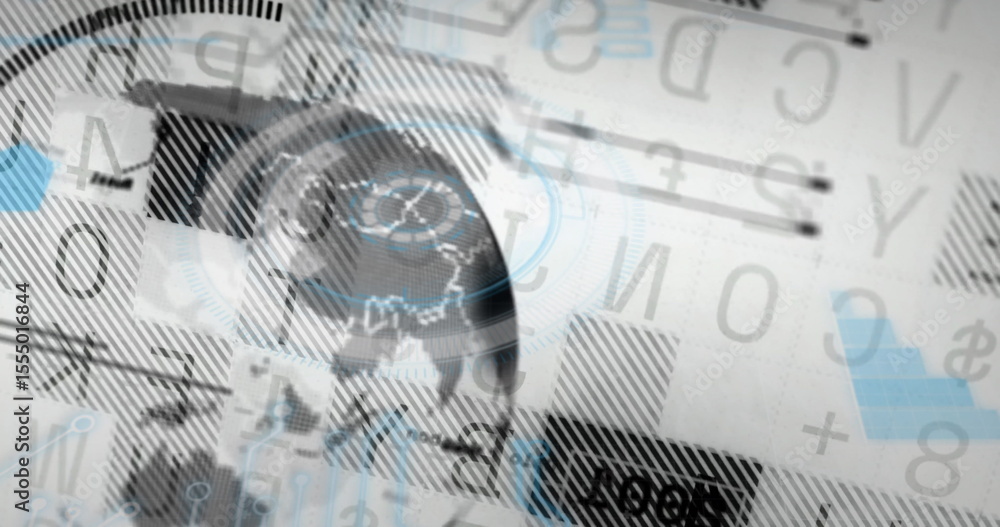 Poster floating semi-transparent globe displaying world map on code backdrop, with plus sign overlays