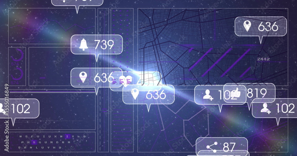 Poster displaying interface panels showing map grid and network lines over star field, with bell icons