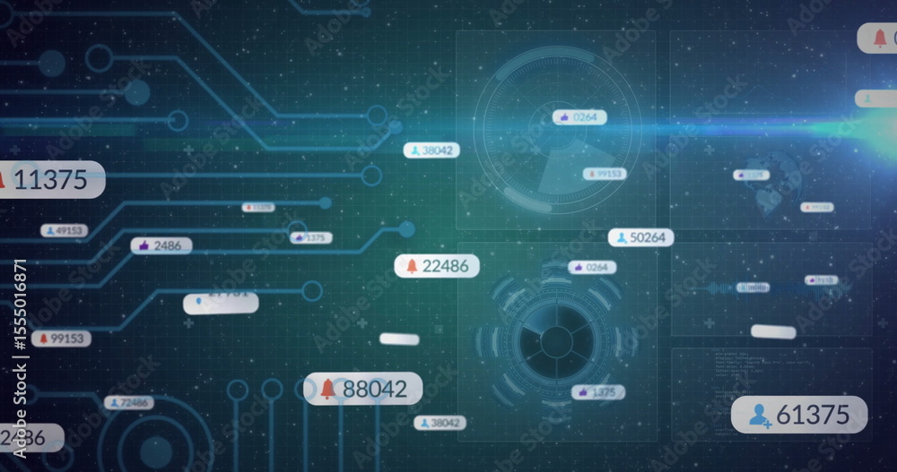 Poster displaying two circular hud elements glowing on holographic dashboard, showing numeric data nodes