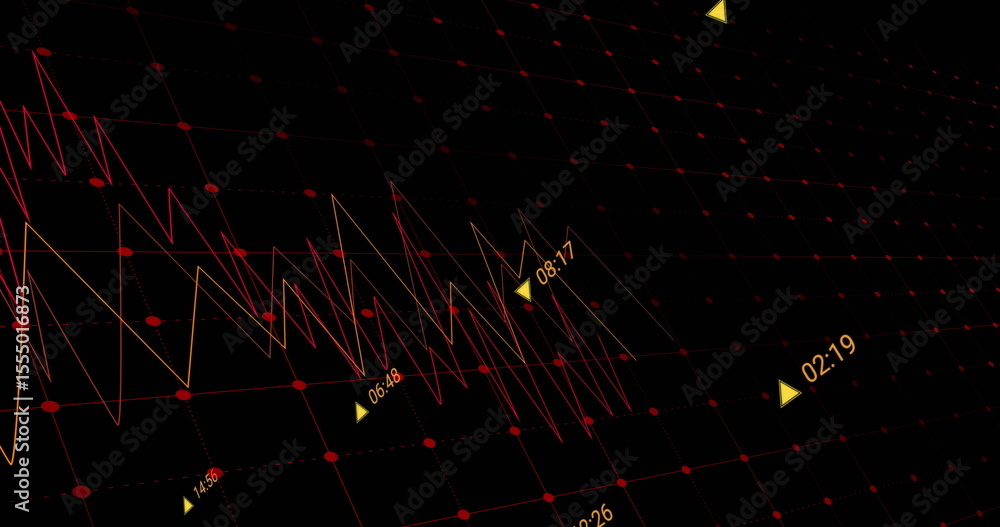 Poster displaying fluctuating neon line graph with yellow time markers on red dot grid virtual dashboard