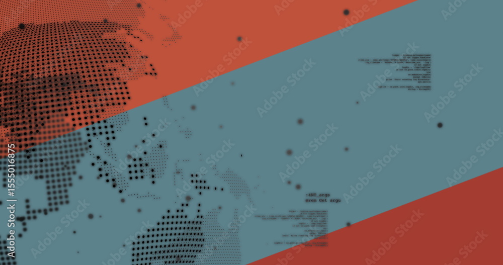 Poster showing visualization stripe in abstract design, with halftone map, circular markers, code snippets