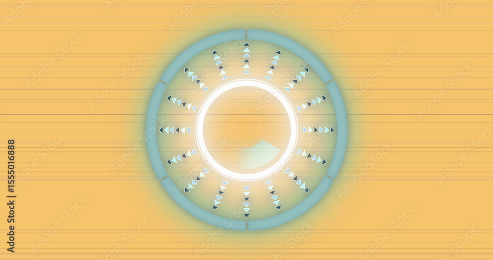 Aufkleber displaying concentric rings rotating over warm gradient interface, with radial arrowheads
