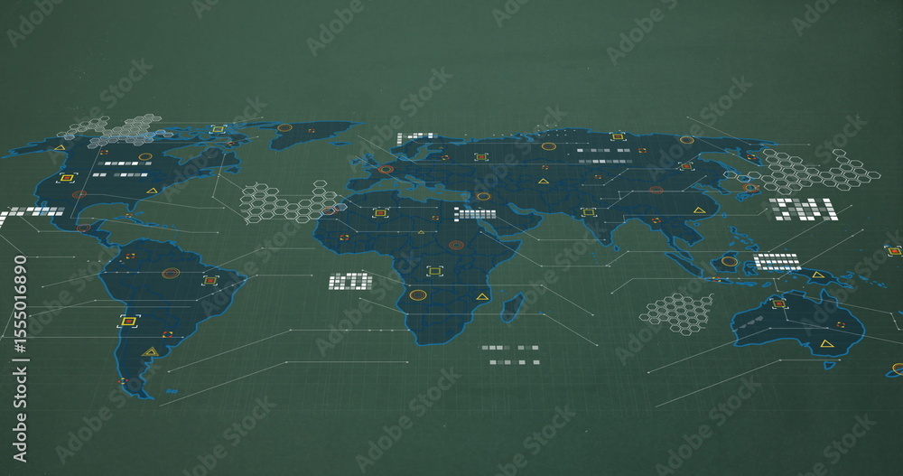 Poster image of world map with data points and network connections on green background