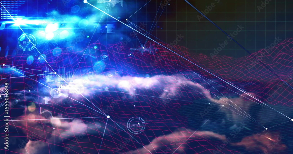 Poster visualizing cloud shapes merging in cyber environment, with neon wireframe grid and glowing nodes