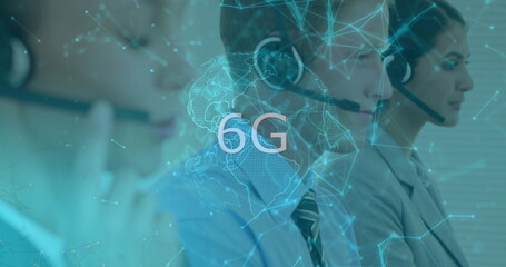Sitting three agents wearing headsets and suits handling calls at office with digital 6G overlay