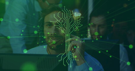 Central operator analyzing network data in operations room, with monitors and circuit-tree overlay