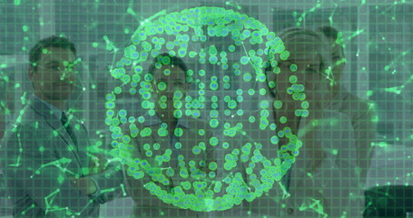 Business team wearing suits analyzing holographic virus model in lab, with node grid projection