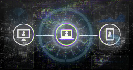 Highlighting laptop icon glowing halo rings on network grid with desktop monitor, smartphone icons
