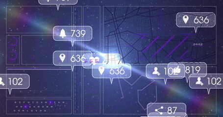 Displaying interface panels showing map grid and network lines over star field, with bell icons