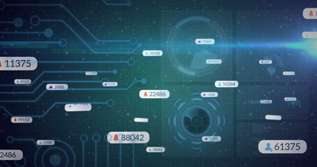 Displaying two circular HUD elements glowing on holographic dashboard, showing numeric data nodes