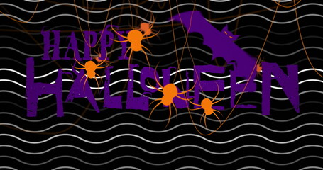 Displaying stylized purple Happy Halloween text in graphic art with orange spiders, webs and bat