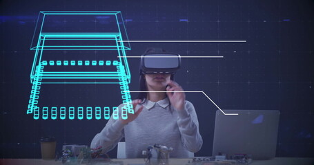 Person using virtual reality headset with digital circuit board image overlay