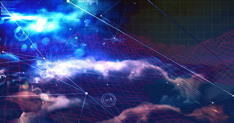 Visualizing cloud shapes merging in cyber environment, with neon wireframe grid and glowing nodes
