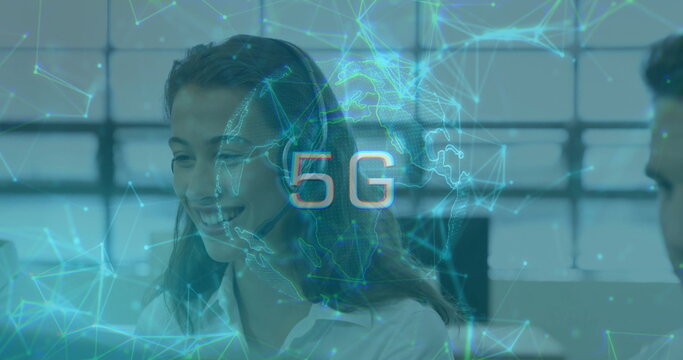 Collaborating office team with woman in white blouse and men studying 5G globe overlay - Powered by Adobe