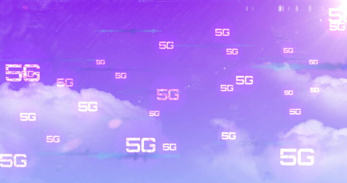 Floating central white 5G text label over digital sky backdrop, with glitch lines and cloud motifs