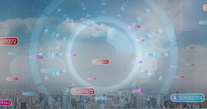 Displaying HUD overlaying cloudy skyline with concentric reticle, arrow indicators and data tags