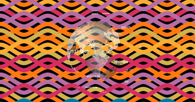 Naklejki Rotating globe with map outlines in digital space with floating numeric data and colorful ribbons