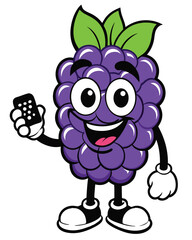 Cartoon blackberry character holding a remote control with a smiling face