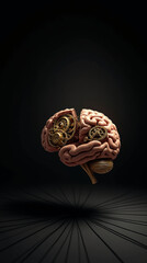 Clockwork Brain with Exposed Gears in Darkness, Hyperrealistic 3D Rendering