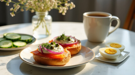 Cozy Smoked Salmon Bagel Brunch Setup with Fresh Toppings