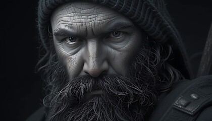 Close-up portrait of a weathered, bearded man with a serious expression