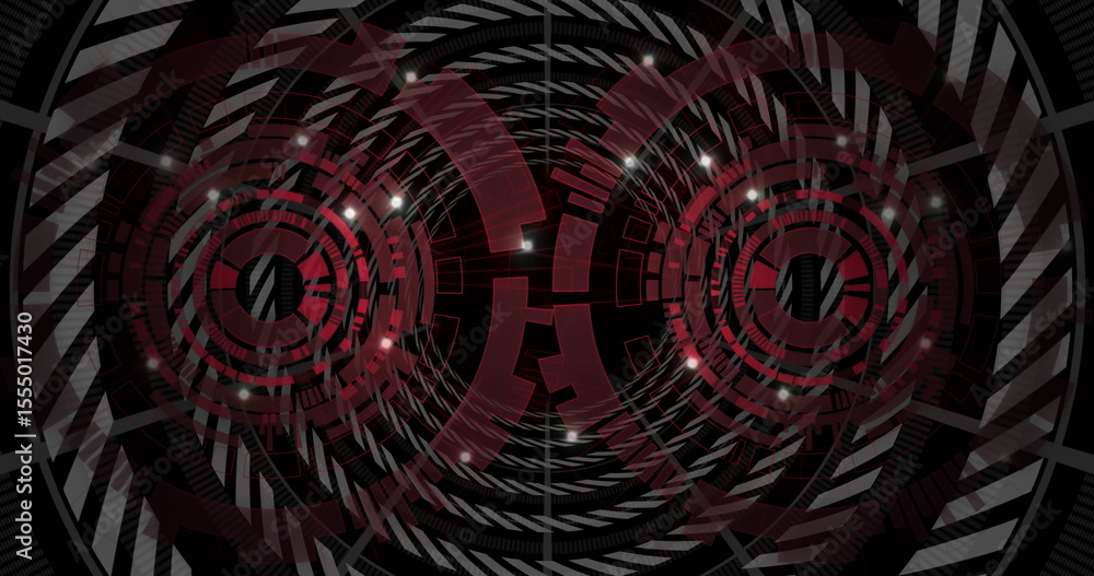 Poster displaying twin red concentric interfaces glowing at center of virtual tunnel, with grid overlays