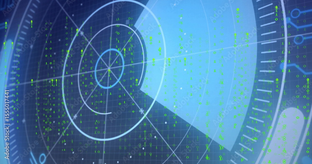 Poster displaying circular radar display scanning at console with concentric rings and green binary digits
