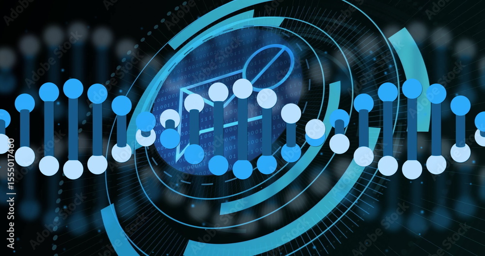 Poster displaying stylized dna helix in virtual interface, with hud rings, binary streams and radial grids