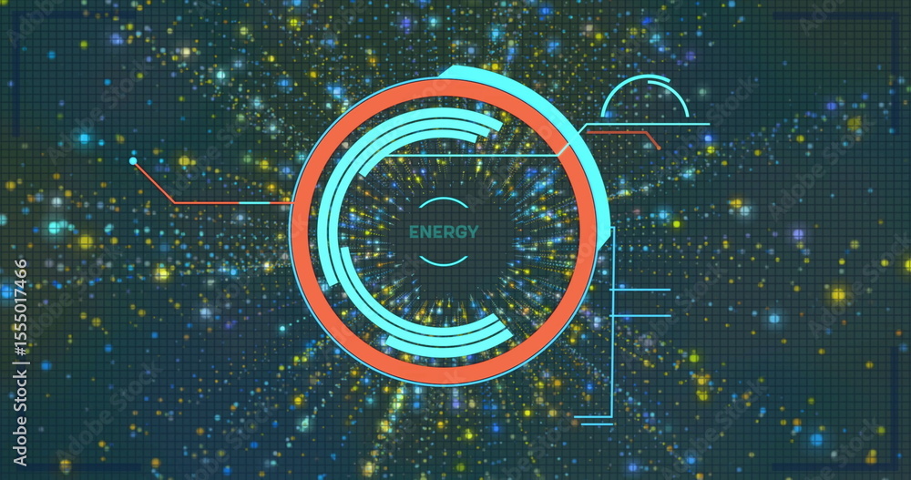 Fototapete Showing energy gauge pulsing red and cyan concentric rings on grid display, with neon data lines