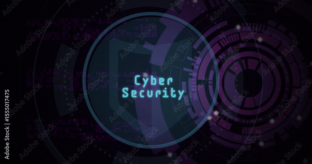 Poster pixelated cyber security within glowing cyan circular frame pulsing in digital ui, with ui elements