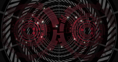 Displaying twin red concentric interfaces glowing at center of virtual tunnel, with grid overlays