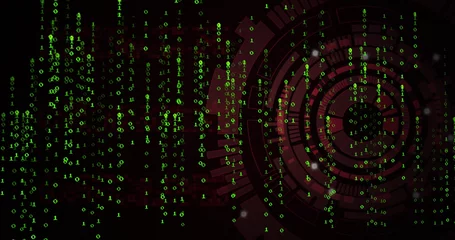 Fototapete Displaying virtual system showing cascading green binary code in cyberspace, with red HUD elements © vectorfusionart