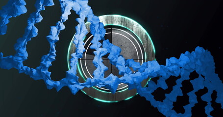 Weaving blue ribbon-like helix traversing digital space, with metallic disc and neon rim glowing