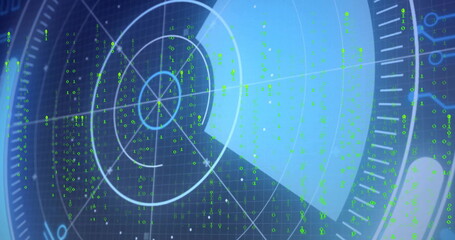 Displaying circular radar display scanning at console with concentric rings and green binary digits