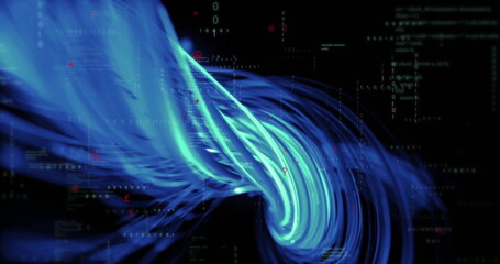 Twisting glowing blue data stream flowing through cyberspace tunnel with code snippets and binary