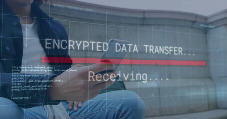 Tracking encrypted data transfer on smartphone by man sitting on ledge in plaza, copy space
