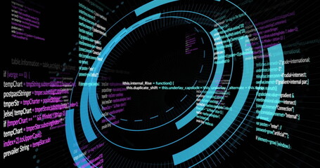 Animating interface with blue arcs and radial indicators showing code snippets and functions