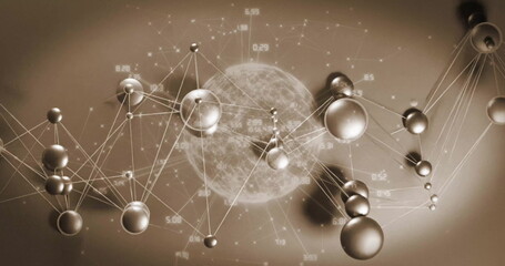 Floating metallic spheres and central globe connecting with lines in sepia data space, data labels
