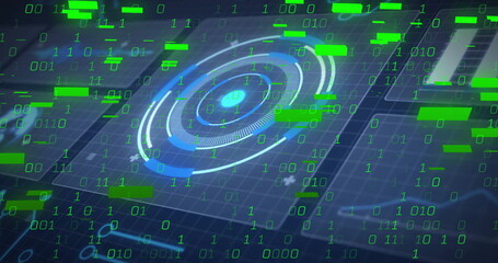 Displaying central circular HUD in grid interface, with floating green binary digits and data bars