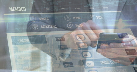 Tapping mature businessman checking sports dashboard in office, with phone menu tabs and live stats